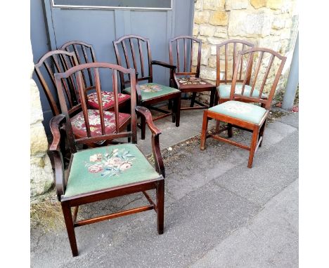 Antique set of 7 slatted back dining chairs, with tapestry covered drop in seats, 2 carvers and 5 dining, all in good used co