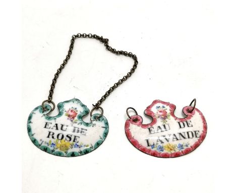 2 x antique French enamel toiletry labels - Eau de Rose &amp; Eau de Lavande (lacks chain) - 5cm across and both in used cond
