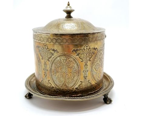 Antique Henry Wilkinson silver plated biscuit box with hinged lid - 17.5cm diameter &amp; has losses to plating and slight di