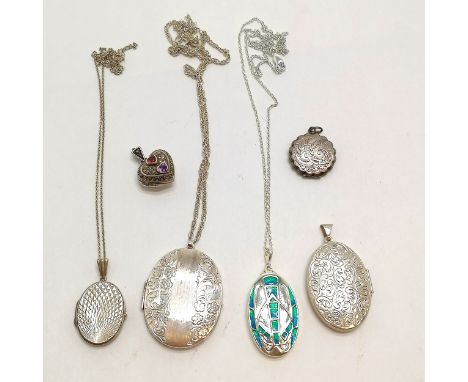 5 x silver lockets (largest 4.5cm) inc marcasite &amp; stone set heart, engraved - 2 on silver chains t/w enamel detail Art N