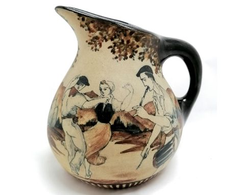 Ciboure sandstone pottery pitcher with couple dancing in basque scene by H Touton - 18cm high and no obvious damage 