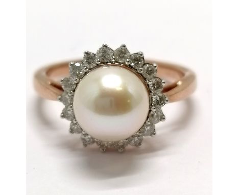 9ct marked rose gold ring set with pearl &amp; halo of diamonds - size N &amp; 3.3g total weight 