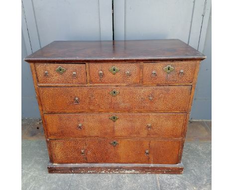 17th Century oak William &amp; Mary chest of 3 short and 3 long graduated drawers, with brass triangular drop handles, with a