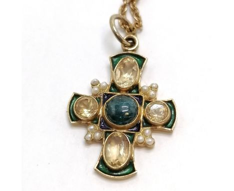 Percossi Papi stone set cross pendant with enamel detail on a gold tone 54cm chain 