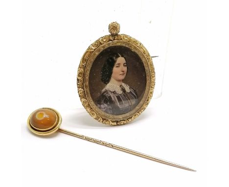 Antique pinchbeck framed portrait miniature of a Lady brooch/pendant, minus ring,  5.5 cm length, 4.5 cm wide, t/w agate moun