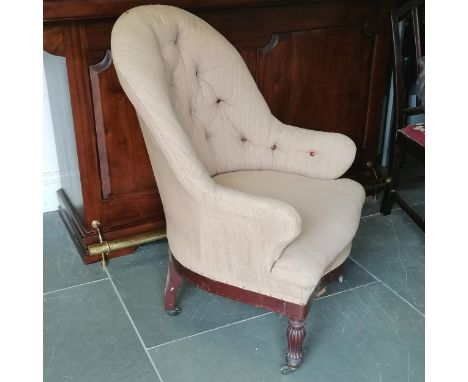 Antique button back mahogany framed easy chair, in need of re-upholstery, 64 cm wide, 73 cm deep, 98 cm high - signs of worm 