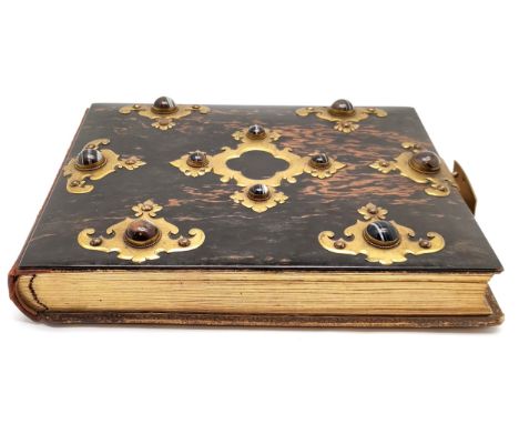 Antique Coromandel wood covered photograph album inset with assorted agate stones, containing portrait photos, including Lord