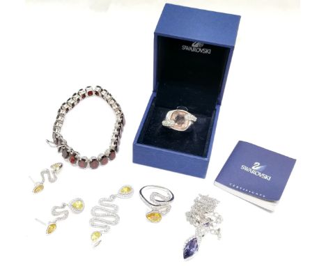 Silver snake design ring (size R) / pendant / earrings set with yellow stones, silver garnet set bracelet (total weight 32g) 