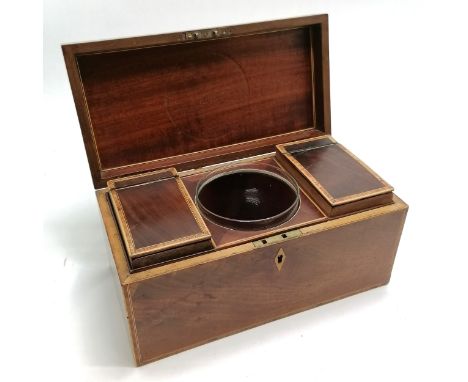 Antique Georgian mahogany caddy box with silver hallmarked handle to top &amp; with boxwood stringing and cross banded - 31cm