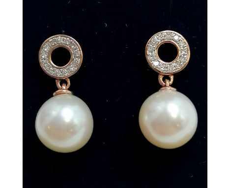 9ct marked rose gold pearl &amp; diamond drop earrings - pearl approx 8.3mm diameter ~ total weight 3.1g 