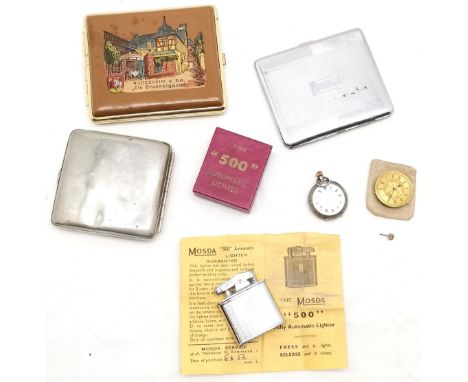 Silver cased ladies fob watch (32mm case), loose movement, 3 cigarette cases &amp; boxed Mosda 500 lighter 