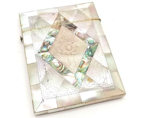 Antique card case with mother of pearl &amp; abalone shell detail with unusual raised carved panel to centre - 10cm x 7.5cm ~