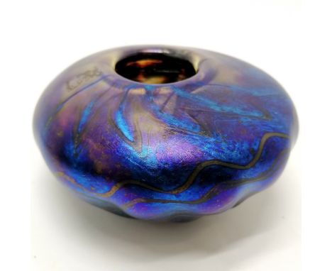 1983 dated and signed Iridescent art glass vase - 10cm diameter x 6cm high 