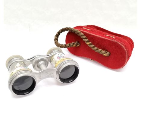 Antique unusual aluminium opera glasses with enamel figural decoration with mother of pearl eyepieces in original red velvet 