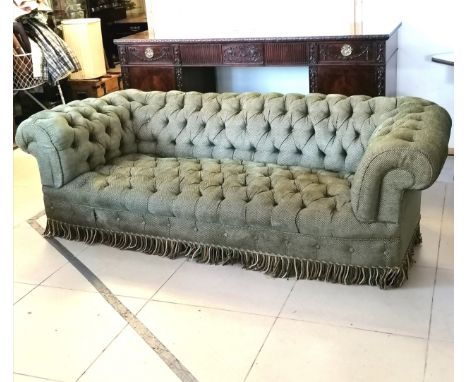 Antique Chesterfield green button fabric 3 seater settee - 208cm wide, 67cm high, 86cm deep. 