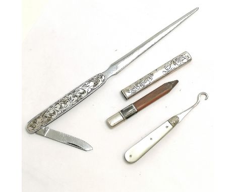 Antique 1899 Sheffield silver and mother of pearl folding button hook by Isaac Ellis &amp; Sons, Sterling silver paper knife 