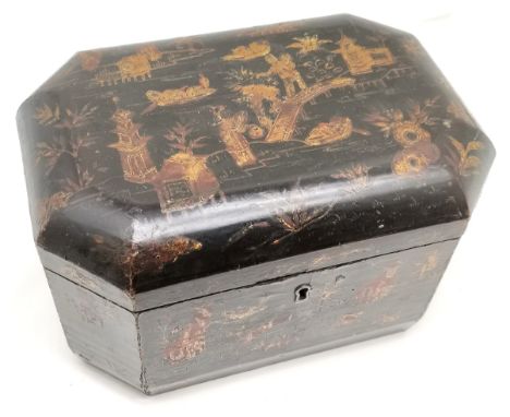 Antique Chinese black &amp; gold lacquer box with original pewter tea caddy cannisters - 26cm x 18cm x 16cm and has signs of 