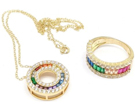 Elanza silver gilt multi stone set ring (size P½) + Elanza pendant on chain - total weight 9.8g 