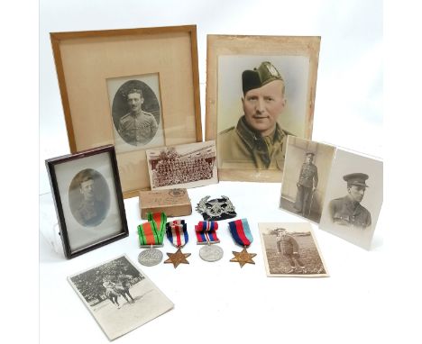 WWII boxed medal group of 4 medals, corresponding photograph with information on reverse &amp; star &amp; bugle cap badge t/w