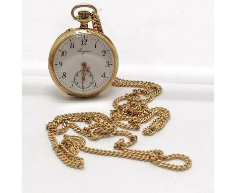 Antique Longines 18ct gold cased fob watch (29mm diameter) on a 18ct marked gold 68cm chain - total weight 35.8g ~ watch has 