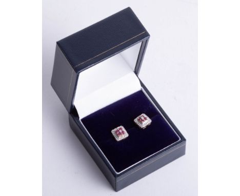 A pair 9ct ruby and diamond ring square earrings.