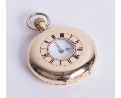 J.W. Benson, a 9ct yellow gold&nbsp; half hunter pocket watch,&nbsp; white enamel dial, Roman numerals with seconds subsidiar
