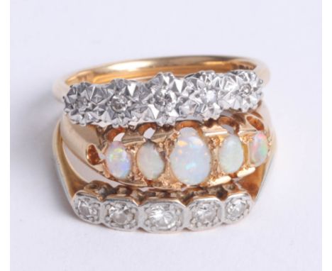 Three 18ct yellow gold rings comprising two illusion set diamond five stone rings and a five stone opal ring, approx 8.30g (3