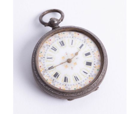 A 19th/ealry 20th century silver cased fob watch, with pretty enamel, gilt and decorative dial.