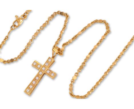 A HIGH KARAT GOLD DIAMOND 'CROSS' PENDANT ON A HIGH KARAT GOLD CHAIN
Featuring round brilliant cut diamonds totalling approxi