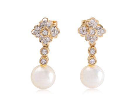 A PAIR OF AKOYA CULTURED PEARL AND DIAMOND EARRINGS
Featuring a pair of akoya cultured pearls measuring approximately 7.0-7.5