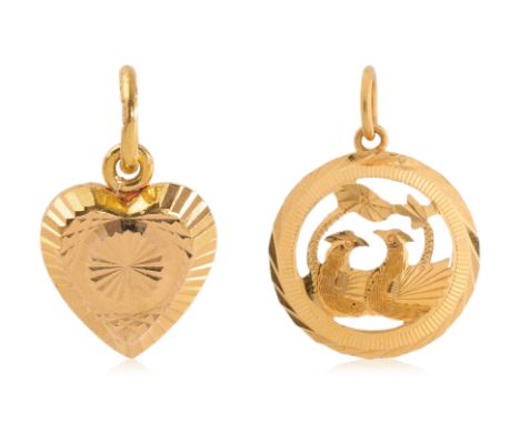 TWO GOLD PENDANTS, ONE BY POH HENG
Featuring a 'heart' high karat gold pendant marked '916' for 22K, 'Bao Xing' for Poh Heng,