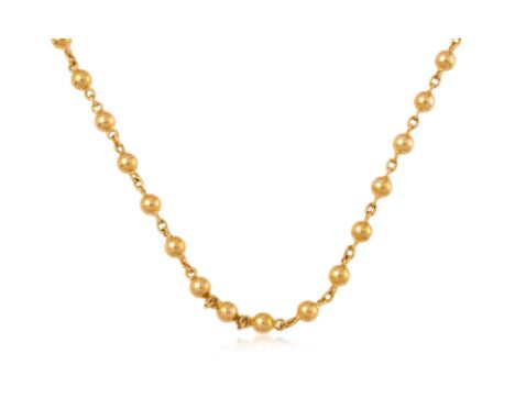 A GOLD BEAD NECKLACE AND BRACELET SET Featuring a yellow gold bead link necklace attached to a clasp marked '916' for 22K, al