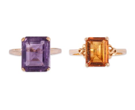 A GROUP OF THREE SINGLE GEMSTONE RINGS (3)
To include an amethyst ring with rubbed marks, likely 9K gold, a garnet ring marke