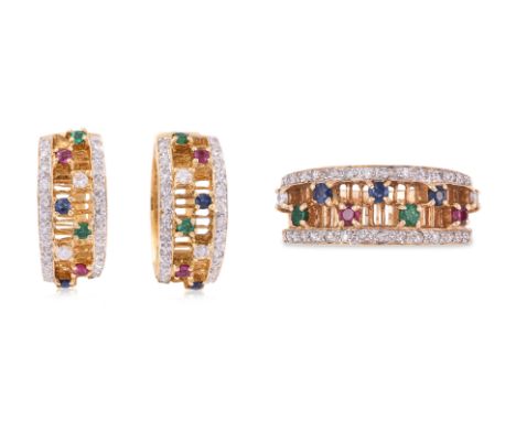A MULTI-GEM AND DIAMOND EARRINGS AND RING SET
Featuring round cut rubies, sapphires and emeralds totalling approximately 0.60