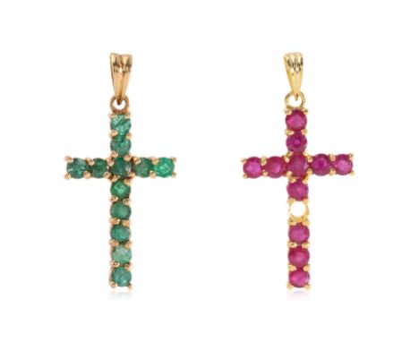 A RUBY AND AN EMERALD 'CROSS' PENDANT
To include a ruby 'cross' pendant featuring round cut rubies totalling approximately 1.