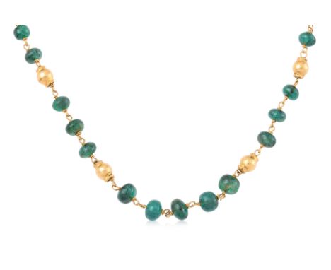 AN EMERALD BEAD NECKLACE
Featuring emerald beads, attached to unmounted yellow gold links, on an unmarked clasp.
41cm long
12
