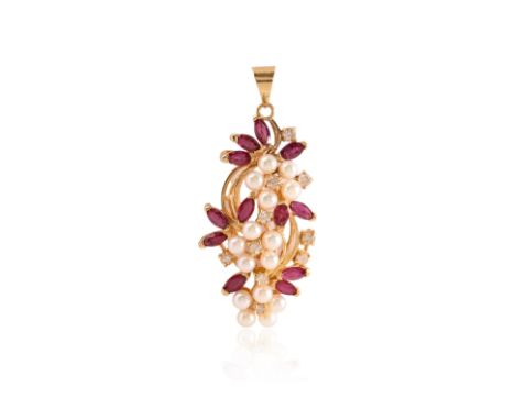 A RUBY, DIAMOND AND AKOYA CULTURED PEARL PENDANT
Featuring marquise shaped rubies totalling approximately 1.60 Cts, mounted i