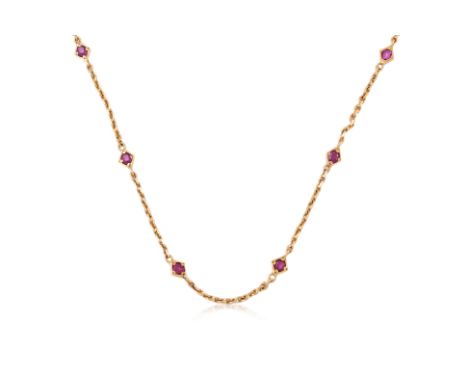 A RUBY LONG CHAIN NECKLACE
Featuring cushion shaped rubies totalling approximately 5.00 Cts, likely unheated of Burmese origi