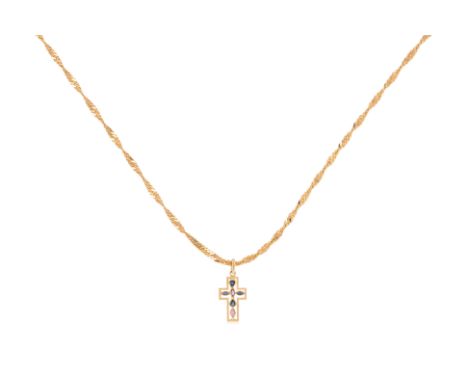 A SAPPHIRE AND RUBY CROSS PENDANT ON CHAIN
Featuring marquise and pear shaped rubies and sapphire totalling approximately 0.7