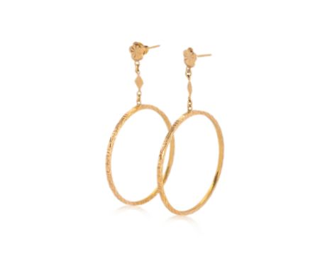 A PAIR OF GOLD HOOP EARRINGS
Featuring a pair of gold hoop earrings, mounted in unmarked yellow gold, possibly high karat.
5.