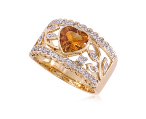 A CITRINE AND DIAMOND RING
Featuring a heart shaped citrine weighing approximately 1.00 Cts, mounted in a two tone gold setti