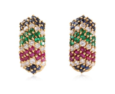 A PAIR OF RUBY, SAPPHIRE, EMERALD AND DIAMOND EARRINGS
Featuring round cut rubies, sapphires and emeralds totalling approxima