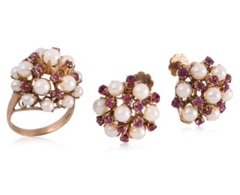 AN AKOYA CULTURED PEARL AND RUBY 'CLUSTER' SET
To include an akoya cultured pearl and ruby 'cluster' ring, mounted in a rose 