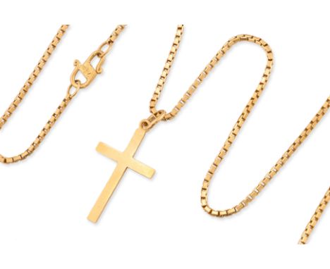 A CROSS PENDANT ON A LONG HIGH KARAT GOLD CHAIN BY POH HENG
Featuring a cross pendant mounted in a yellow gold setting with r
