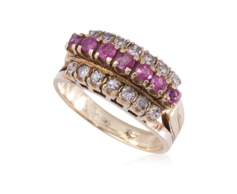 A RUBY AND DIAMOND THREE ROW RING
Featuring round cut rubies totalling approximately 0.45 Cts, mounted in a yellow gold setti