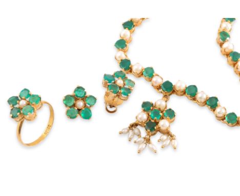 A SUITE OF GREEN PASTE AND CULTURED PEARL JEWELLERY
To include a necklace, a pair of earrings and a ring, all mounted with cu