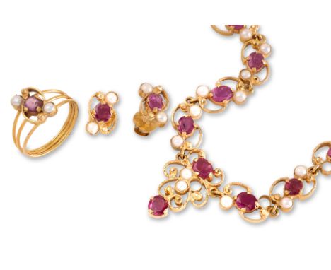 A SUITE OF RUBY AND CULTURED PEARL JEWELLERY
To include a ruby and cultured pearl choker attached to a cord, mounted in unmar