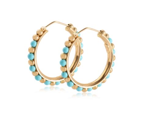 A PAIR OF ITALIAN TURQUOISE AND GOLD BEAD HOOP EARRINGS
Featuring turquoise beads mounted in a yellow gold setting marked '75