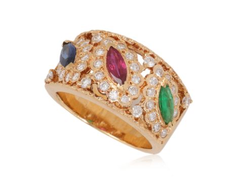 A HIGH KARAT GOLD MULTI-GEMS RING
Featuring marquise shaped ruby, emerald and sapphire totalling approximately 0.40 Cts, moun