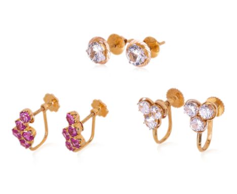 A GROUP OF PASTE SET EARRINGS (3)
To include a pair of synthetic ruby set screw-back earrings, mounted in unmarked yellow gol